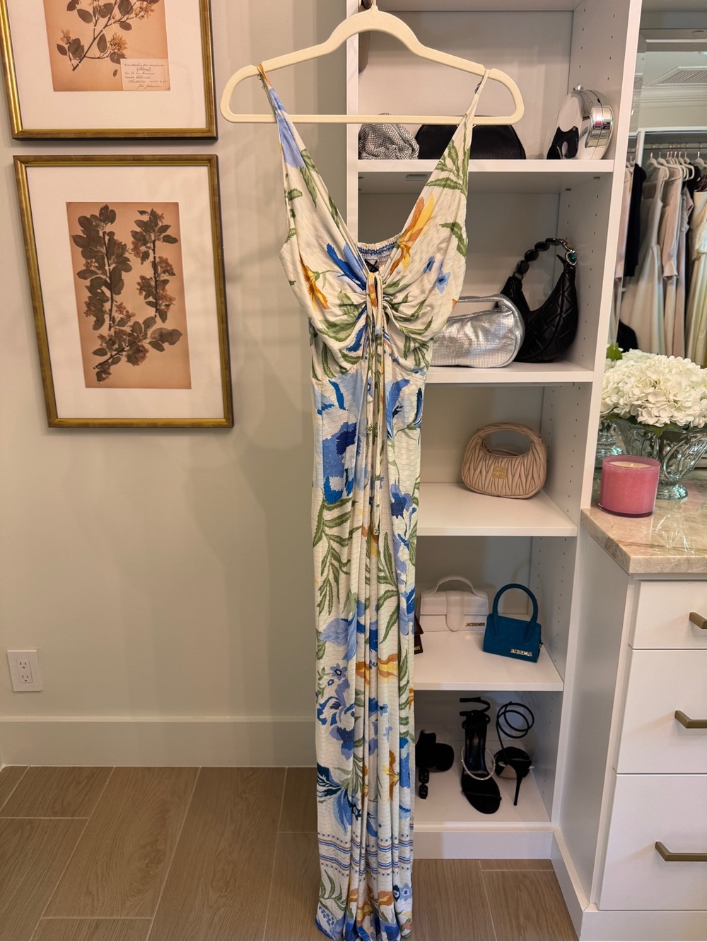 Floral Blue & Green Maxi Dress with Drawstring Front